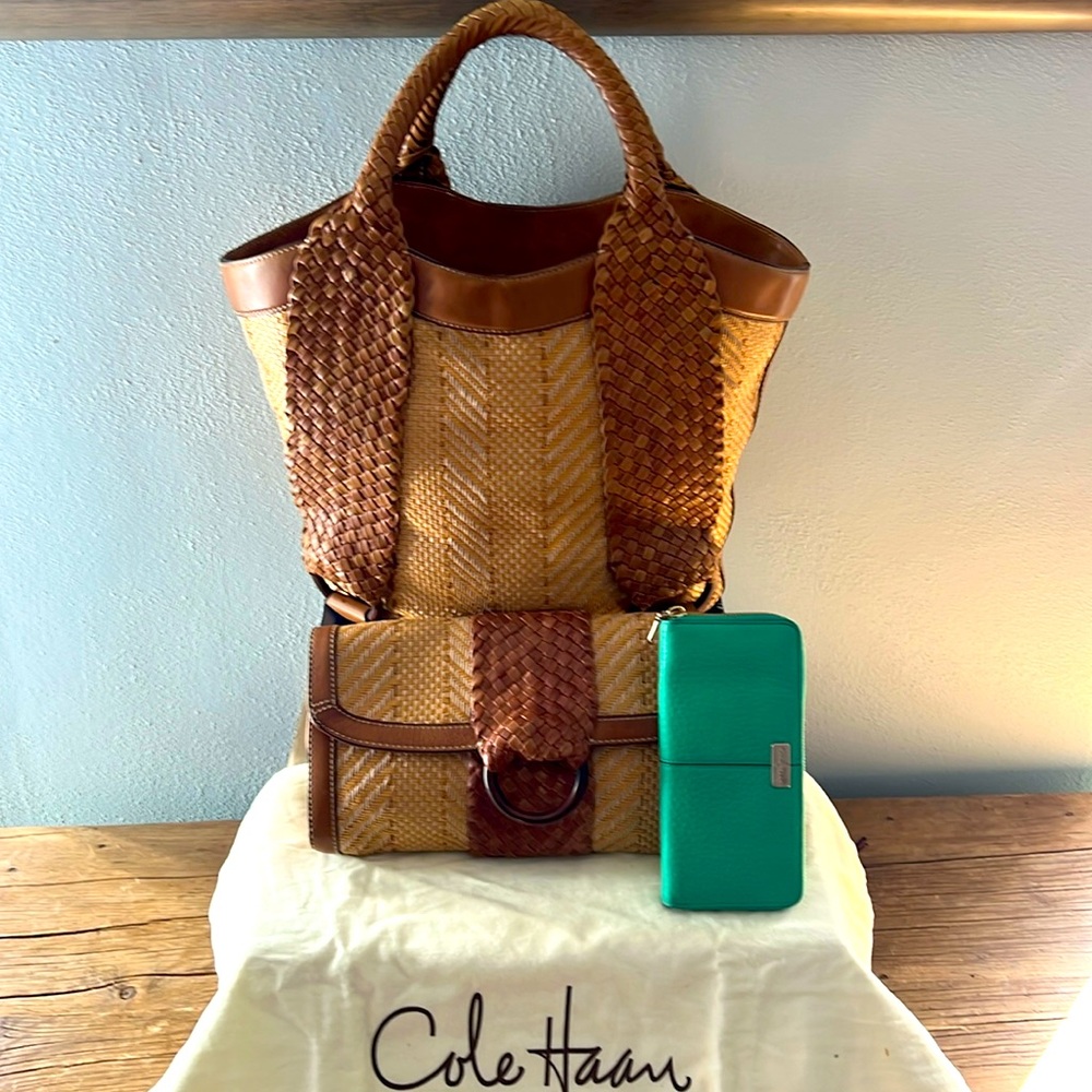 Cole Haan Taran Beach Tote *SET* straw Woven Saddle Leather w/Wallet & Clutch
